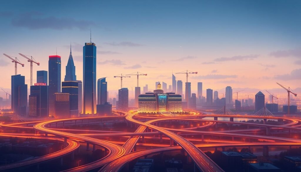 A cityscape at dusk, with towering skyscrapers and cranes dotting the skyline. In the foreground, a sprawling network of roads and bridges, symbolizing the infrastructure projects financed by revenue bonds. Warm lighting illuminates the scene, creating a sense of progress and modernity. In the middle ground, a gleaming new hospital or civic center, a testament to the transformative power of this financing method. The background is a hazy, atmospheric blend of blues and purples, conveying a sense of grandeur and civic pride. The overall composition suggests the scale, complexity, and impact of revenue bond-funded infrastructure, essential for a thriving metropolitan area.