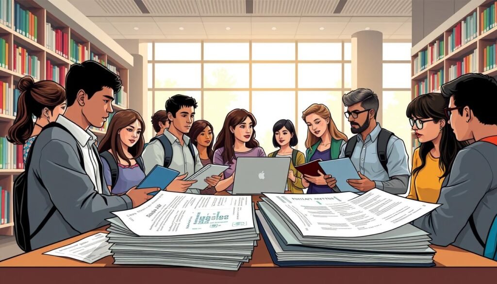 A diverse group of graduate students gathered in a well-lit, modern campus library, poring over financial aid documents and laptops. In the foreground, a stack of scholarship applications and brochures for research grants, fellowships, and teaching assistantships. In the middle, students engaged in animated discussions, highlighting important details and sharing insights. The background features an expansive bookshelf, softly illuminated by natural light filtering through large windows, conveying a sense of academic rigor and intellectual pursuit. The overall scene exudes a mood of focus, collaboration, and determination, capturing the essence of "Financial Aid for Graduate Students".