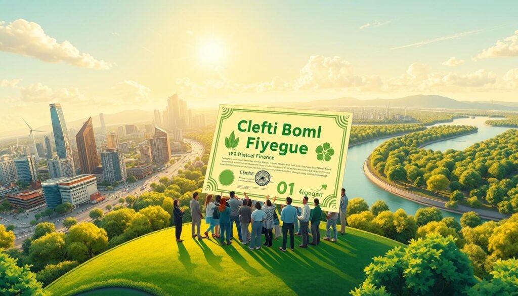 A panoramic landscape depicts a vibrant cityscape with modern skyscrapers, bustling streets, and lush green parks. In the foreground, a group of people gather around a large, gleaming green bond certificate, its surface reflecting the sunlight. The middle ground showcases a variety of sustainable energy sources, such as wind turbines and solar panels, harnessing the power of nature. In the background, a serene river flows, its banks lined with thriving trees and greenery, symbolizing the harmonious integration of finance and environmental stewardship. The scene is bathed in a warm, golden glow, conveying a sense of progress and optimism towards a sustainable future.