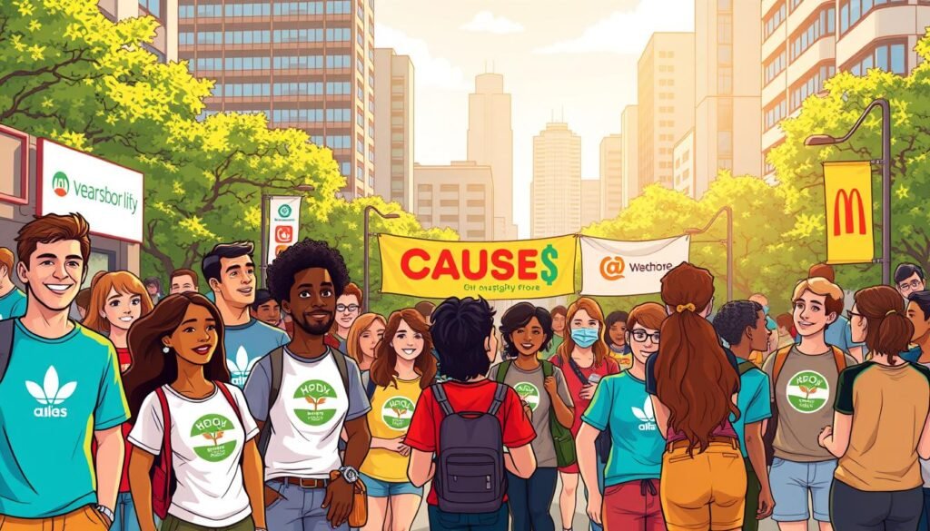 A vibrant scene depicting cause-related brand sponsorships. In the foreground, a diverse group of people engaging in various charitable and community-focused activities, their shirts and accessories displaying the logos of socially conscious brands. In the middle ground, banners and signage highlighting the partnerships between these brands and local non-profit organizations. The background features a cityscape with modern architecture and lush greenery, bathed in warm, natural lighting that creates a sense of hope and optimism. The overall atmosphere conveys a message of authentic, meaningful connections between brands, consumers, and the causes they support.