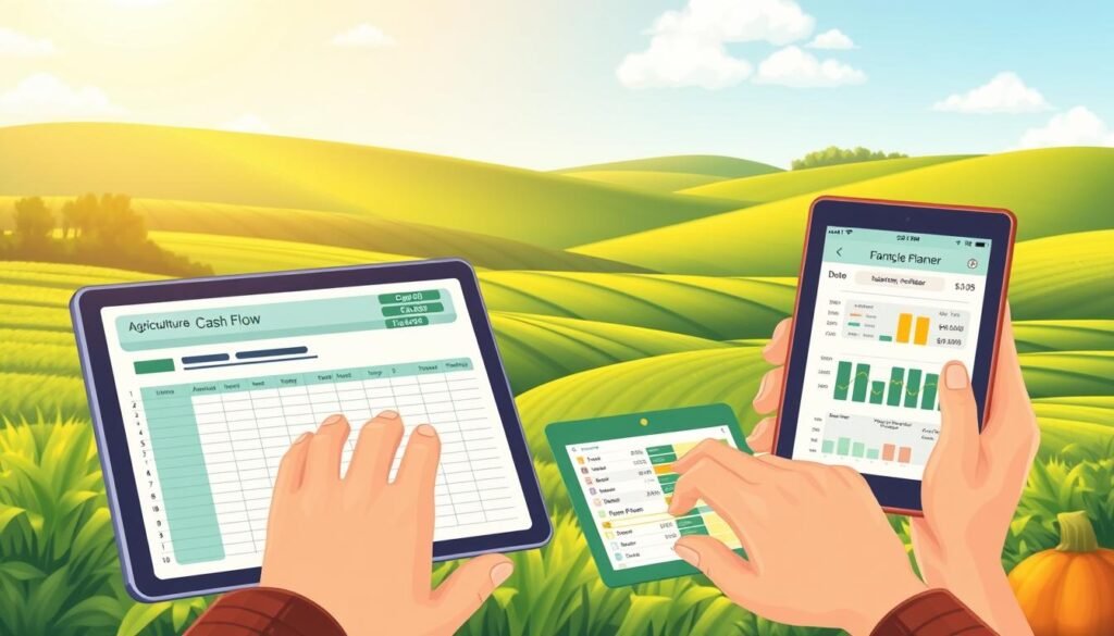 Digital illustration of various agricultural cash flow management tools, including a financial spreadsheet, a budget planner, and an expense tracking app on a tablet device. The foreground features a farmer's hands interacting with the digital tools, conveying a sense of hands-on financial management. The middle ground showcases a lush, verdant farmland backdrop, with rolling hills and a clear blue sky, emphasizing the connection between financial planning and successful agricultural operations. The scene is lit by warm, natural light, creating a serene and professional atmosphere. The overall composition highlights the importance of effective cash flow management in the context of sustainable and profitable farming.